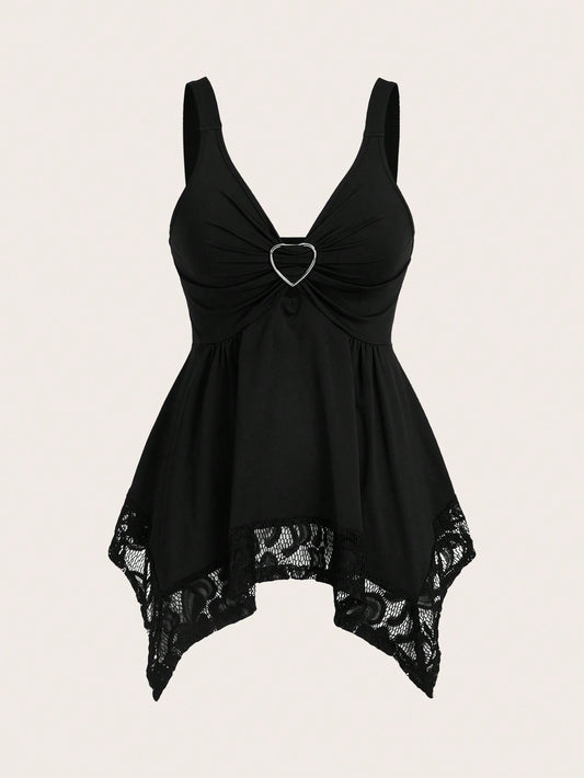 Sweetra Women Lace Decorated Heart Shaped And Floral Splicing Tank Top Y2K Outfit 