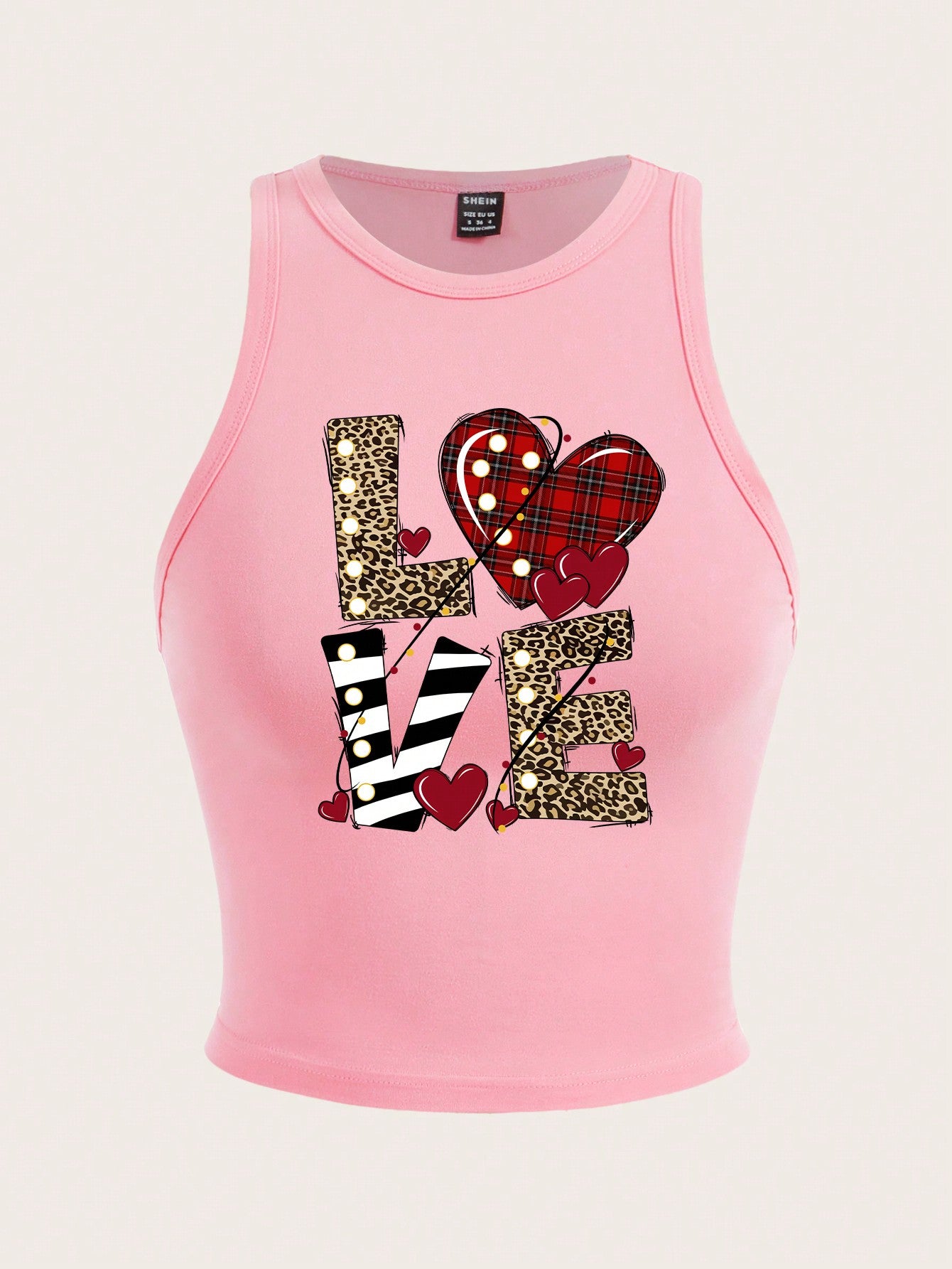 EZwear Pink Short Casual Leopard, Plaid, Striped Print Love Letter Pattern Round Neck Tank Top For Women, Summer
