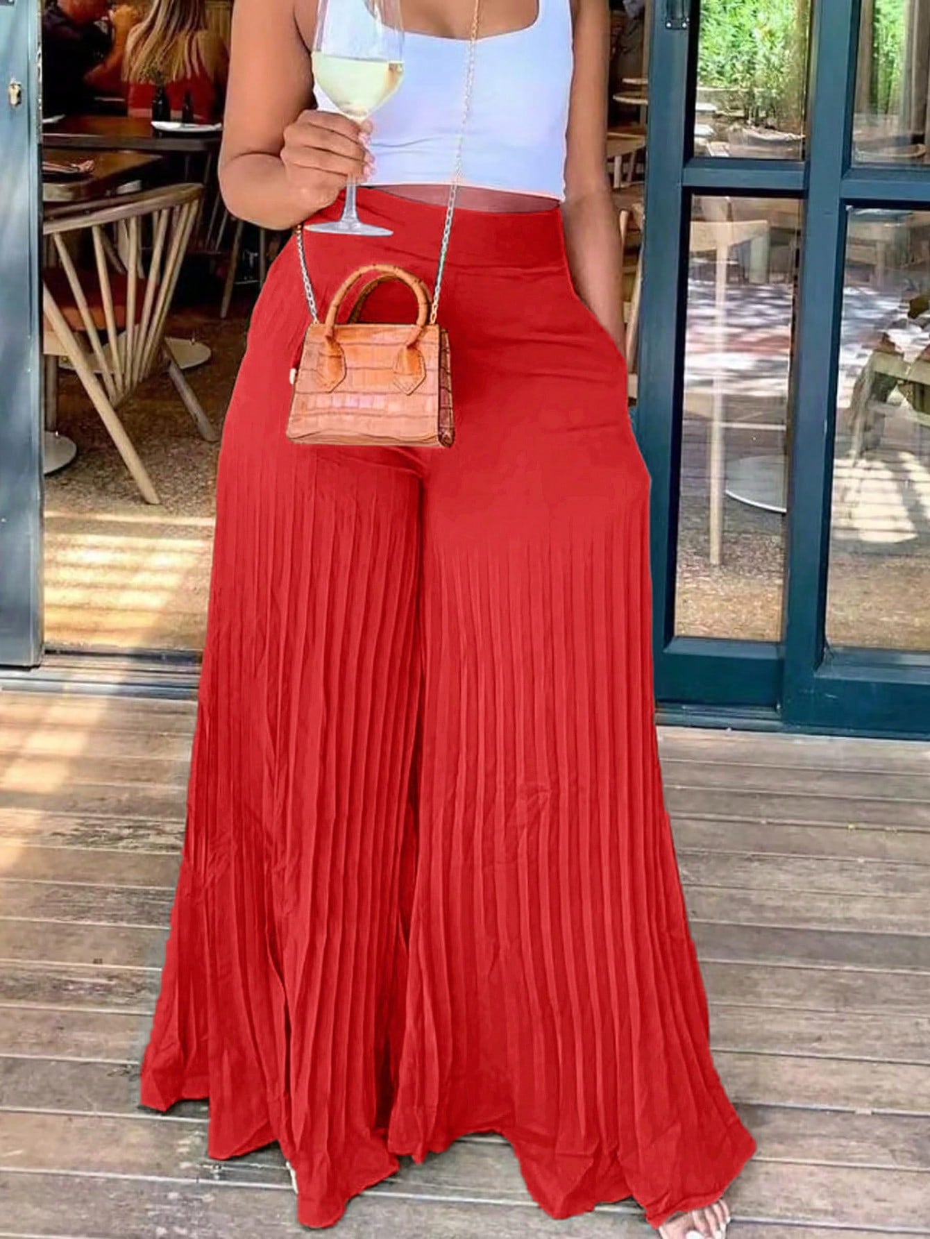 Slayr Elegant Elastic Waist Dark Green Pleated Large-Footed Extra-Long Wide-Leg Pants For Women