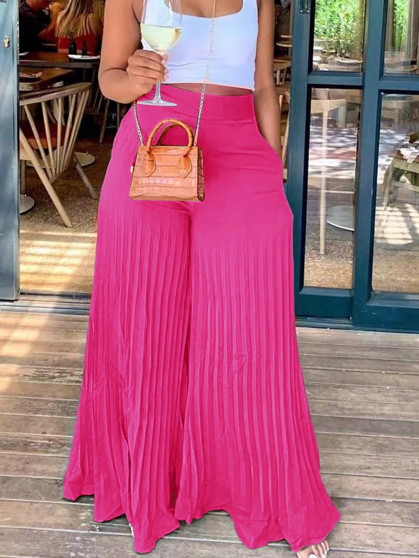 Slayr Elegant Elastic Waist Dark Green Pleated Large-Footed Extra-Long Wide-Leg Pants For Women