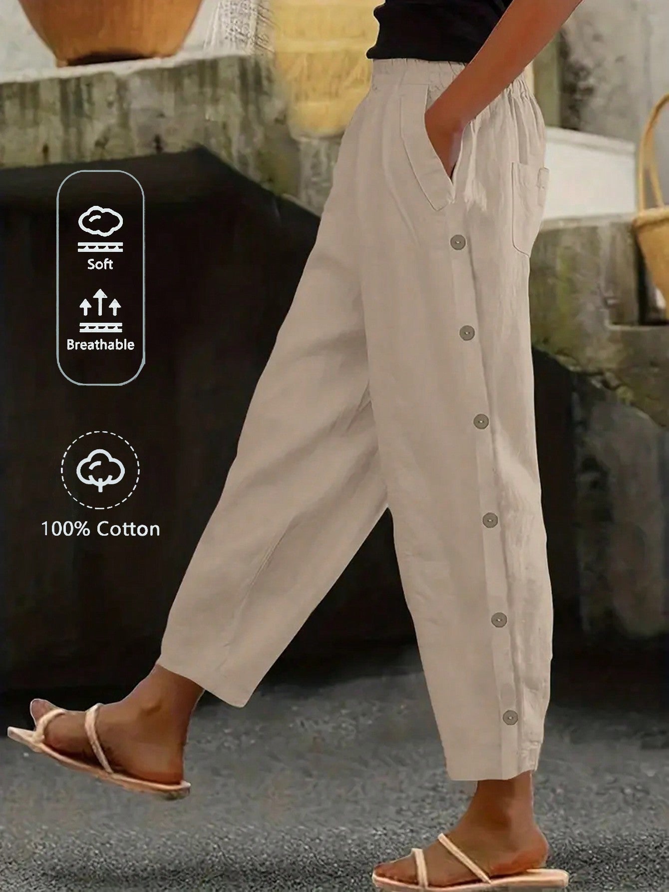 EMERY ROSE Women Casual Daily Wear Side Button Straight Pants