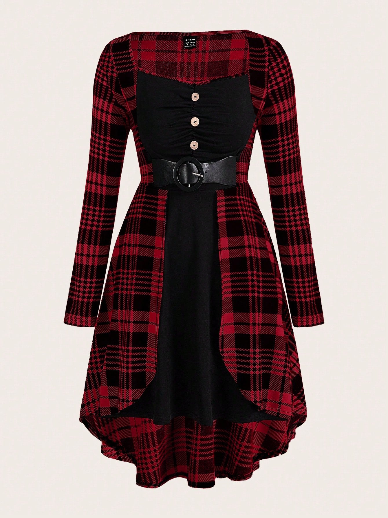 Unity Plaid Print Button Front PU Leather Buckle Strap Detail Dress