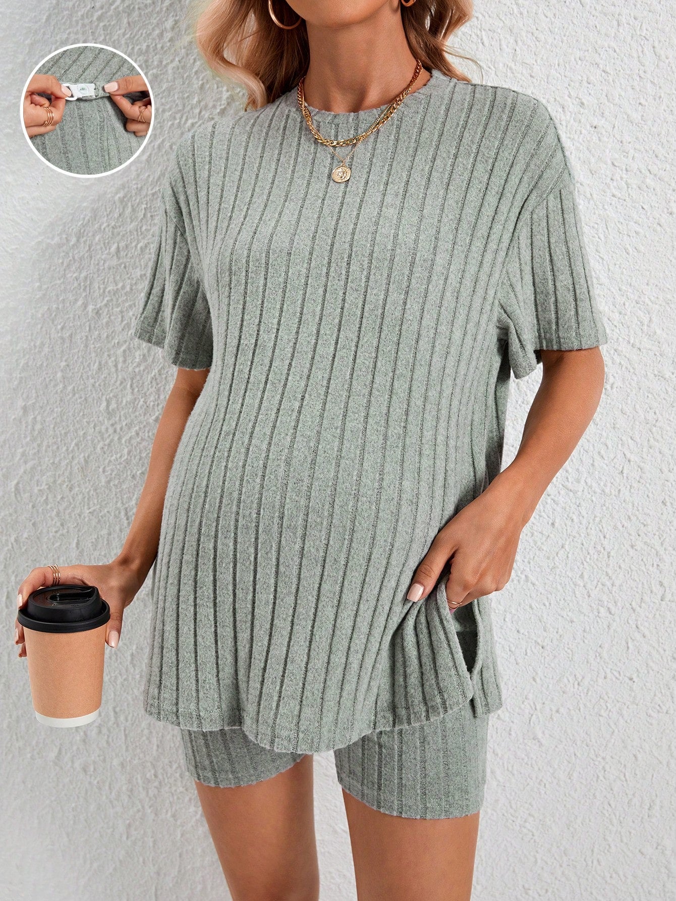 Women's Casual Loose Round Neck T-Shirt With Adjustable Elastic Waist Shorts, Maternity 2pcs Set