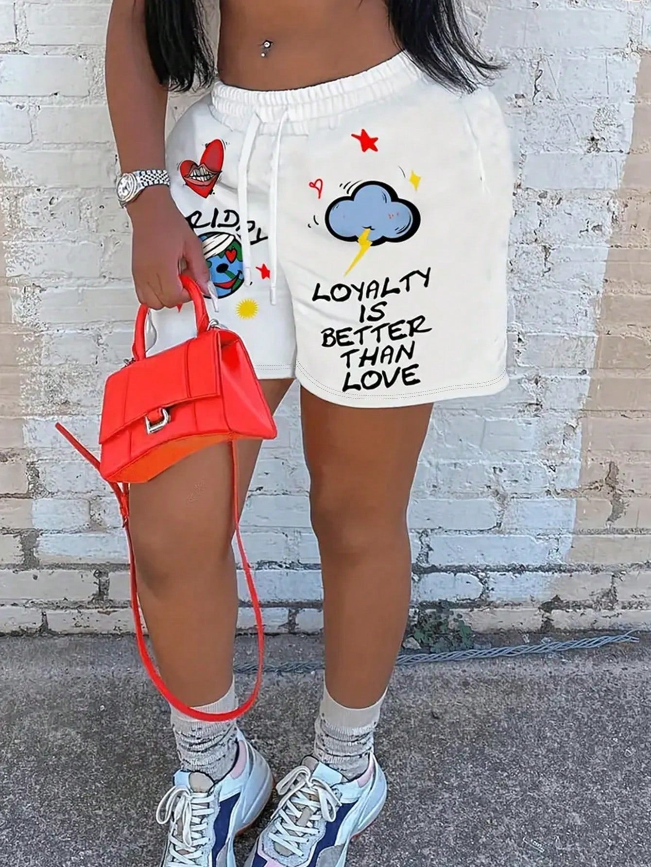 INAWLY Women Drawstring Waist Cartoon Print Shorts With Slogan And Pockets, Casual