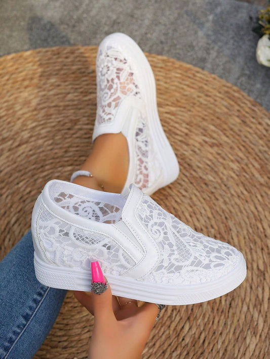 Ladies White Lace Breathable Elegant Fashionable All-Match Wedge Thick Sole Sneakers