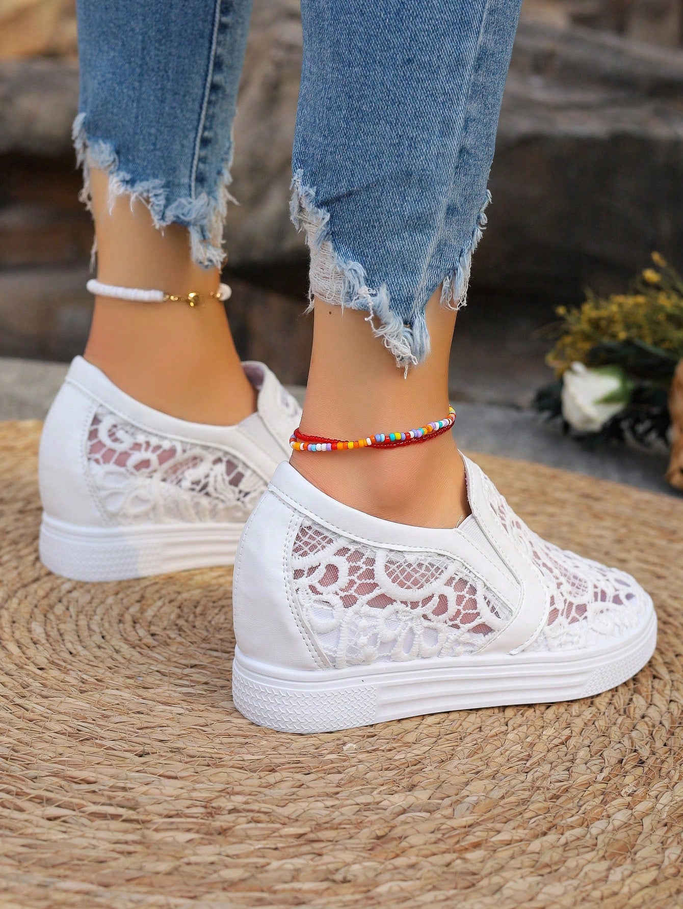 Ladies White Lace Breathable Elegant Fashionable All-Match Wedge Thick Sole Sneakers