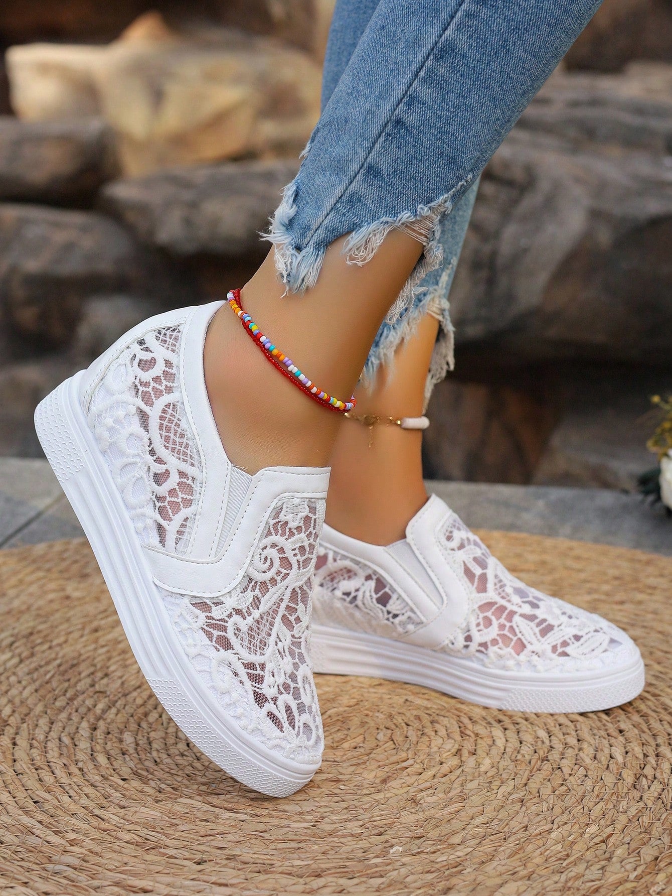 Ladies White Lace Breathable Elegant Fashionable All-Match Wedge Thick Sole Sneakers