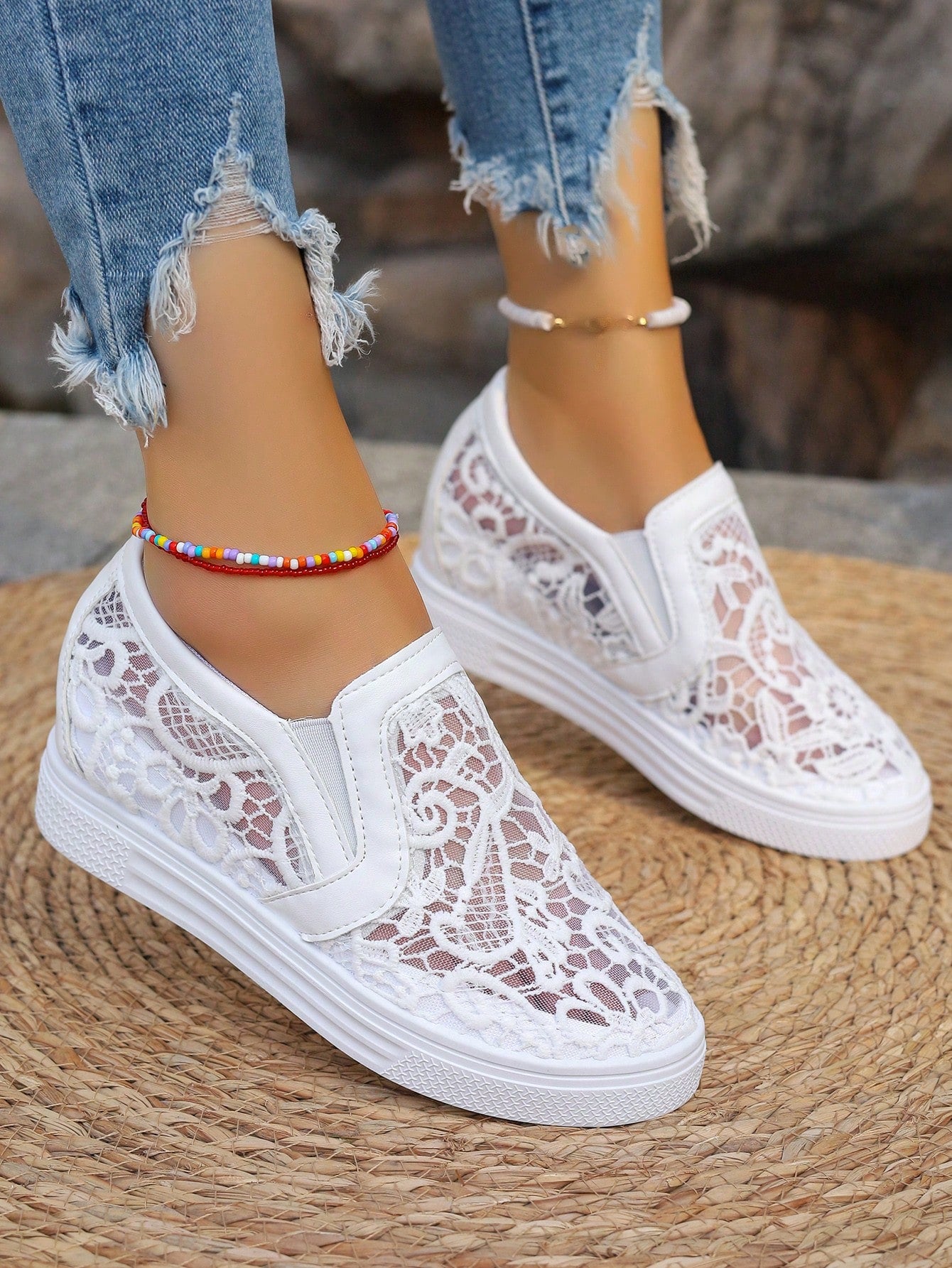 Ladies White Lace Breathable Elegant Fashionable All-Match Wedge Thick Sole Sneakers