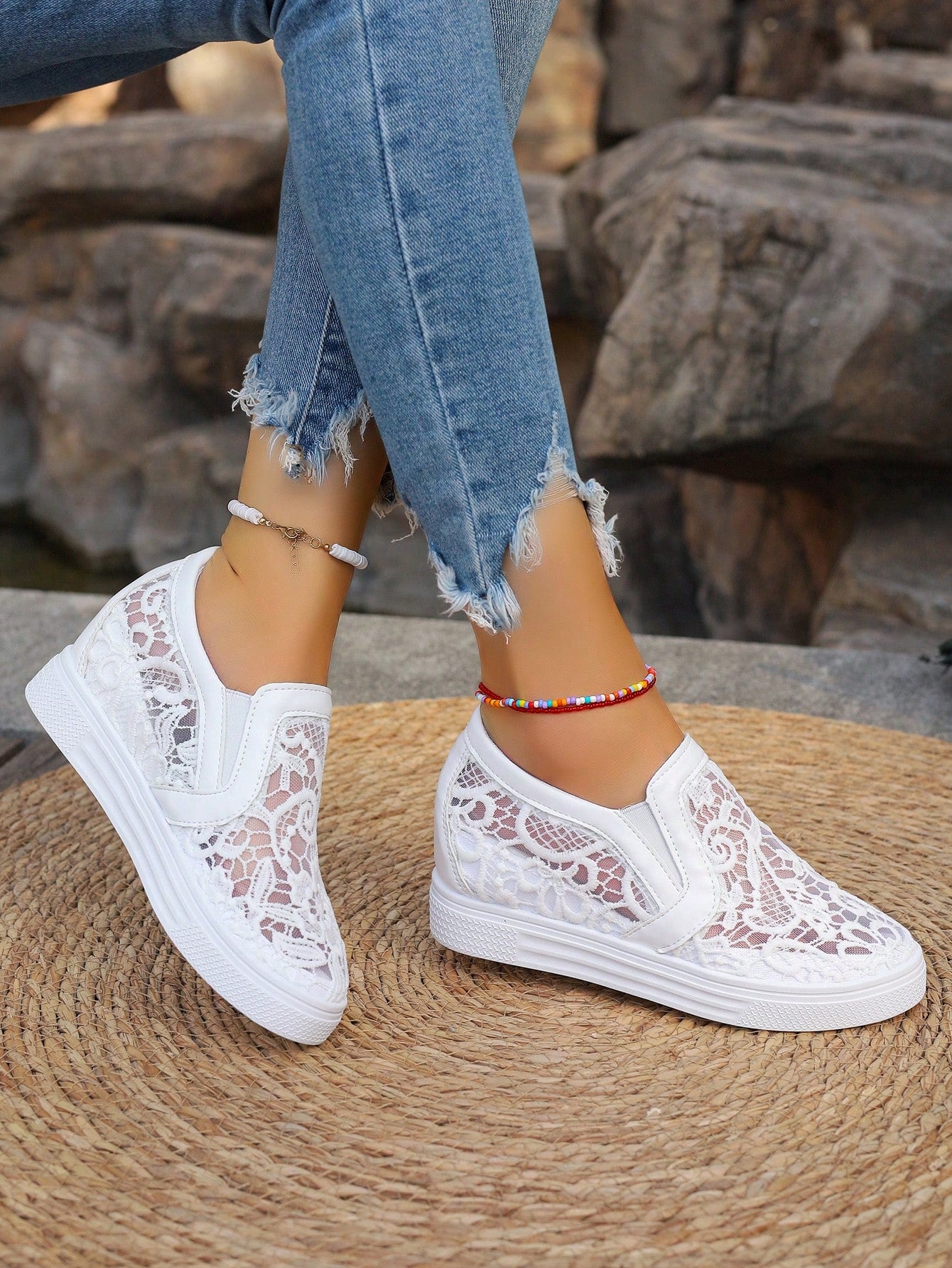 Ladies White Lace Breathable Elegant Fashionable All-Match Wedge Thick Sole Sneakers