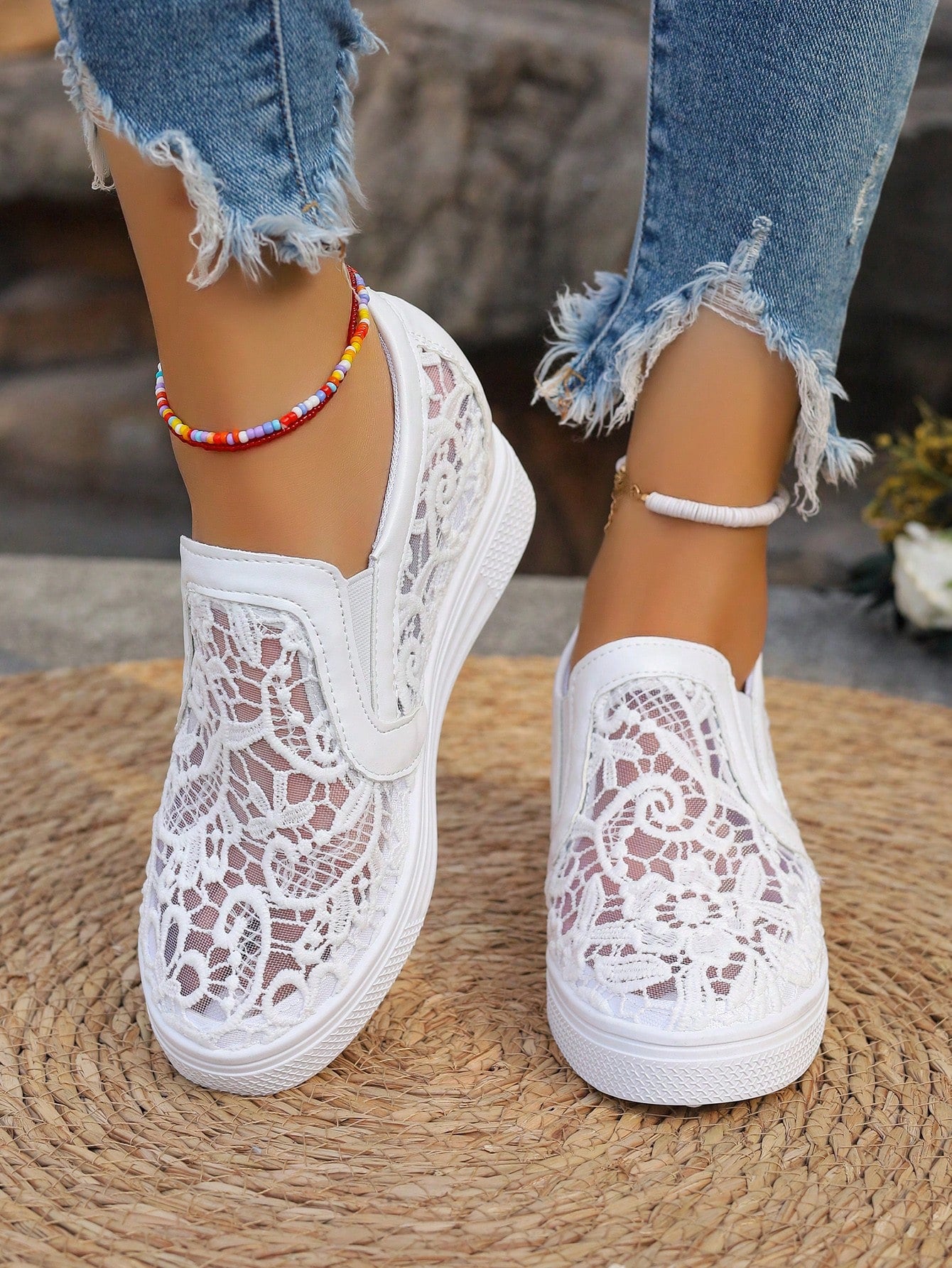 Ladies White Lace Breathable Elegant Fashionable All-Match Wedge Thick Sole Sneakers