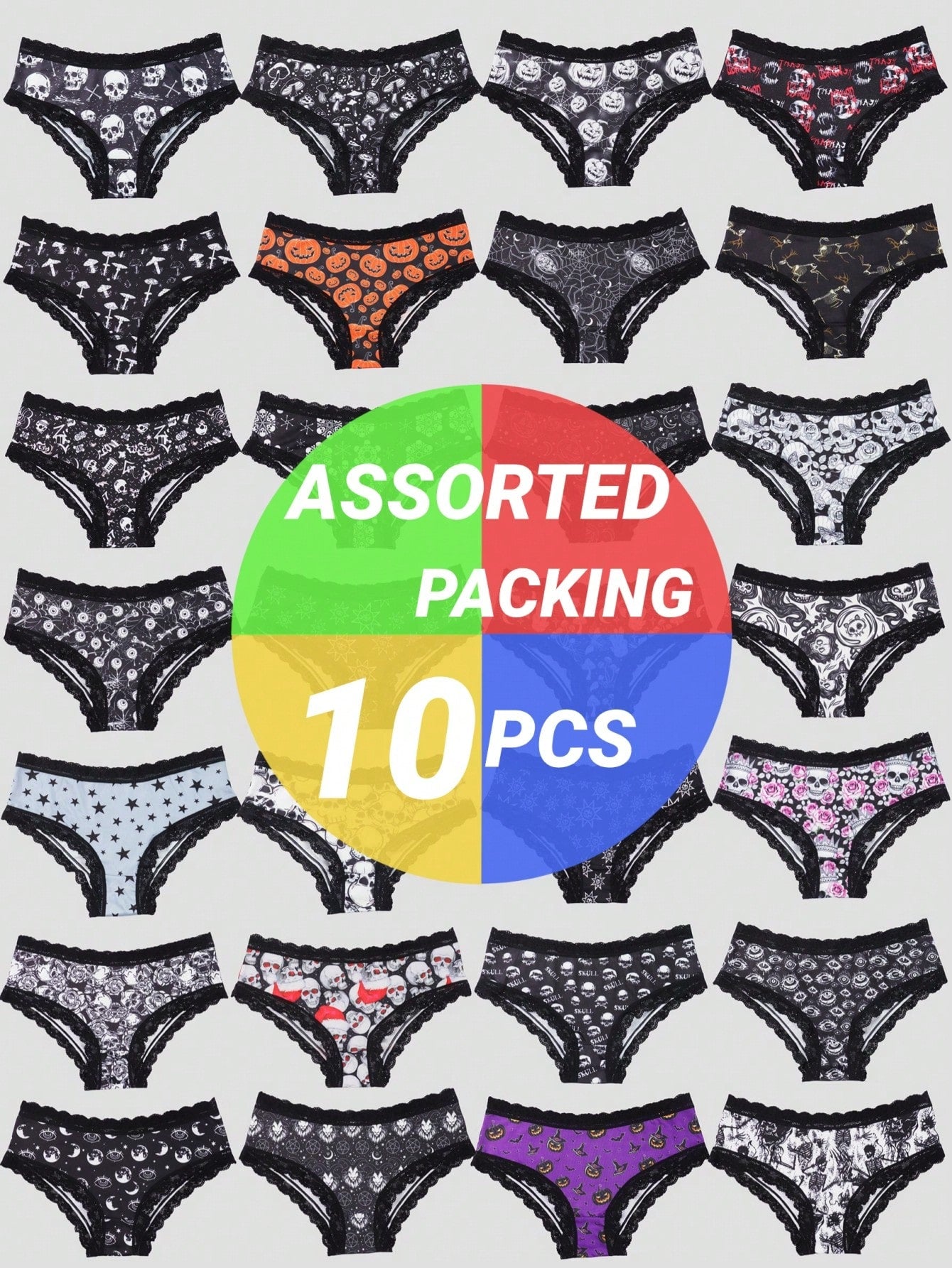 Morvia 10pcs Women Sexy Gothic Chic Low-Rise Hipsters - Contrast Lace, Allover Halloween Skull & Eyeballs & Stars & Jack-O-Lanterns Allover Print, Comfortable Hipster Panties For Women - Halloween Lingerie & Underwear-Comfortable, Assorted Styles, Perfec