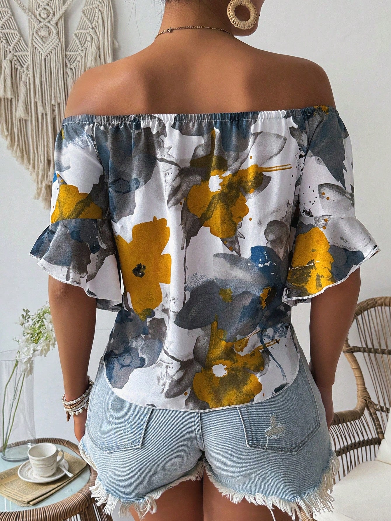 Relaxiva Women's Summer Hawaii Style Floral Print Off-Shoulder Tie-Less Shirt,Three Quarter Sleeve Tops
