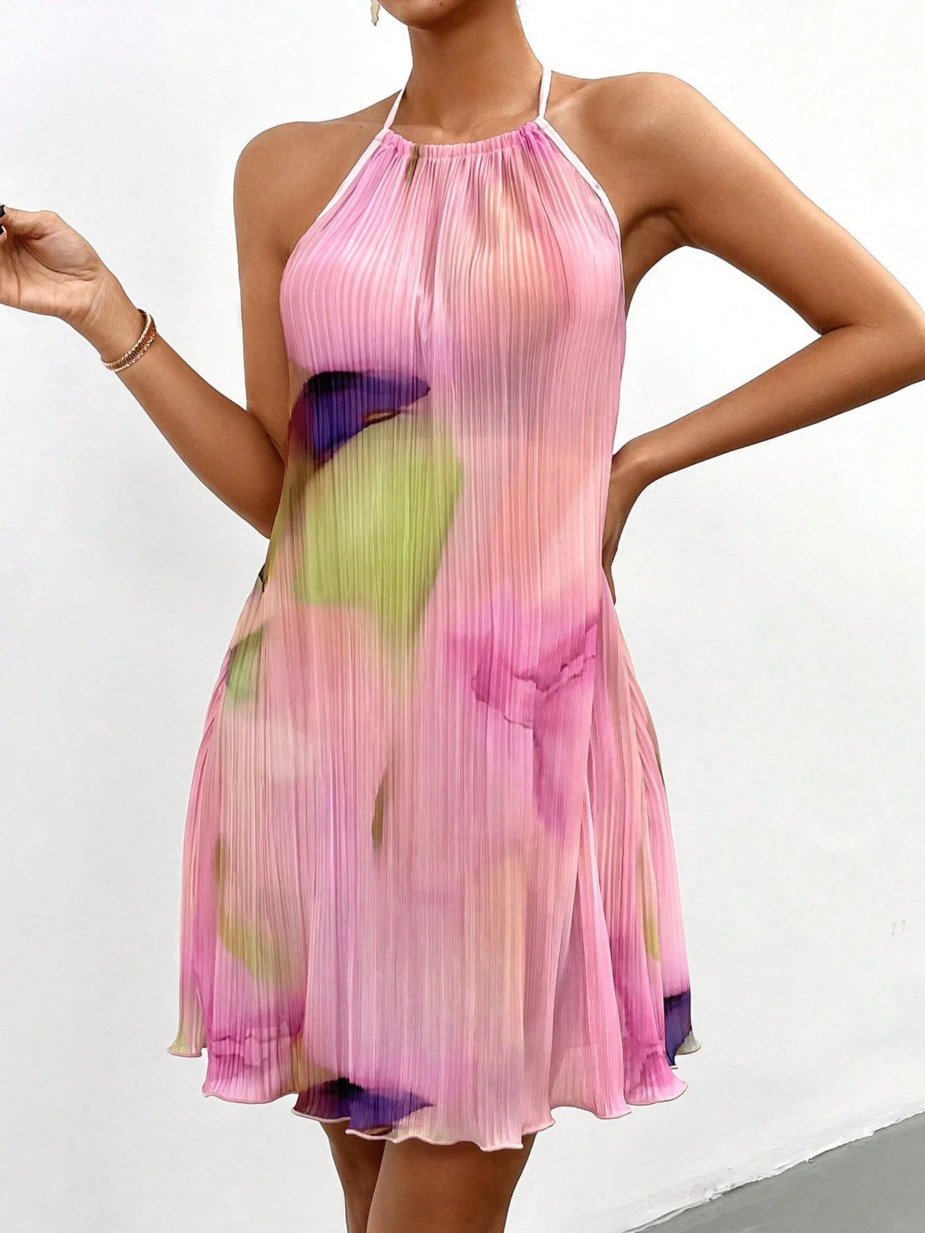 Privé Women Spring/Summer Printed Halter Neck Backless Sexy Pleated Mini Dress, Suitable For Vacation, Music Festival, Going Out