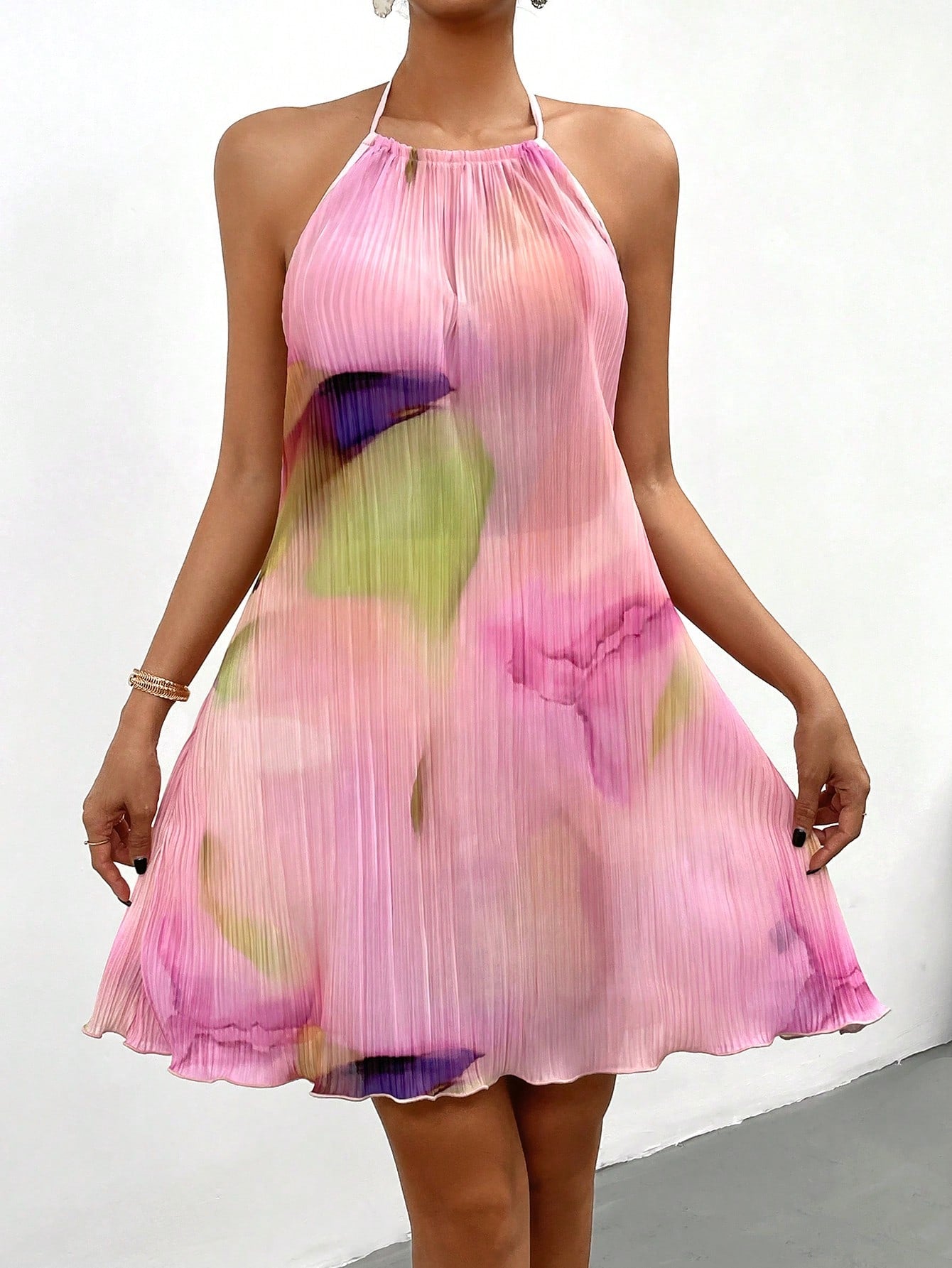 Privé Women Spring/Summer Printed Halter Neck Backless Sexy Pleated Mini Dress, Suitable For Vacation, Music Festival, Going Out