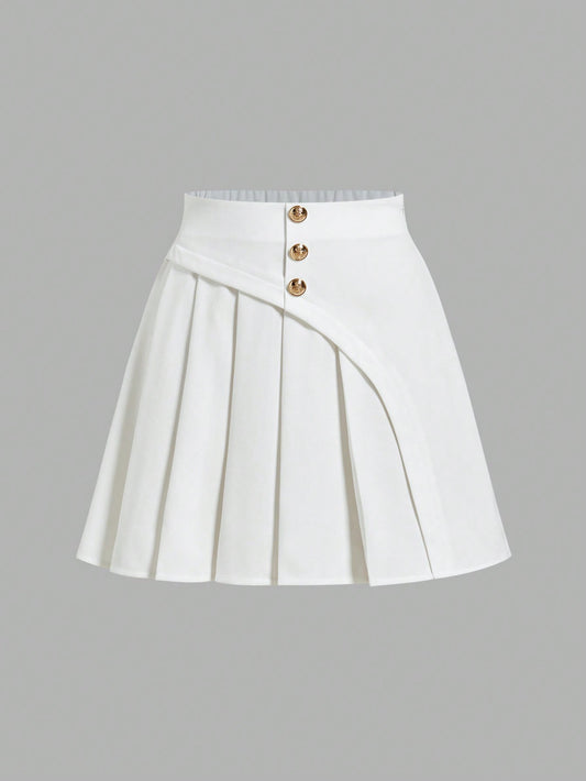 Privé Party Design Sense Pleated Miniskirt White Color Wedding Record High-Waist A-Line Skirt With Metal Buckle And Color Block At Front & Center