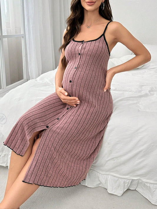 Underwear&Sleepwear Maternity Summer Simple Color Block Button-Up Maternity Dress With Grinding Plush Straps For Home