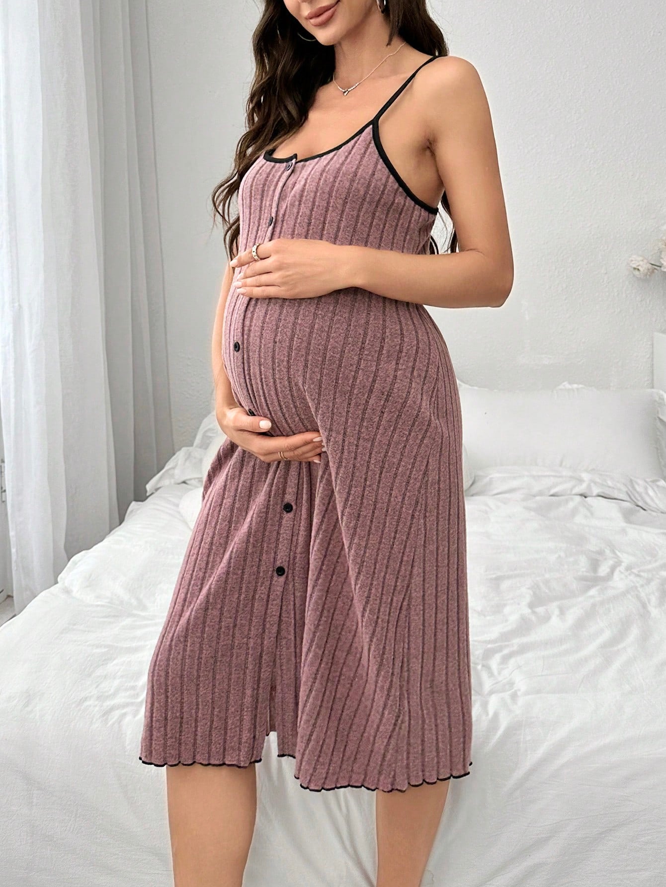 Underwear&Sleepwear Maternity Summer Simple Color Block Button-Up Maternity Dress With Grinding Plush Straps For Home