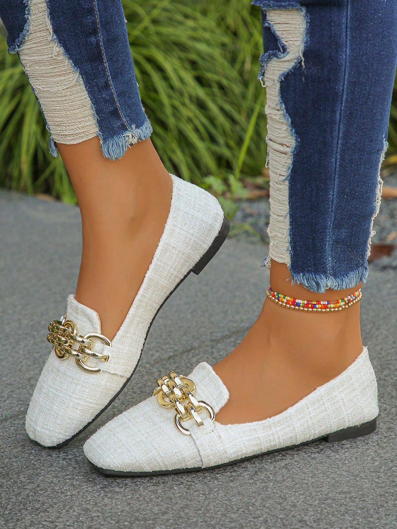 Women New Spring And Autumn Square Toe Casual Shoes With Metal Chain And Fabric Surface, Comfortable Slip-On Loafers, Ladies Flat Shoes