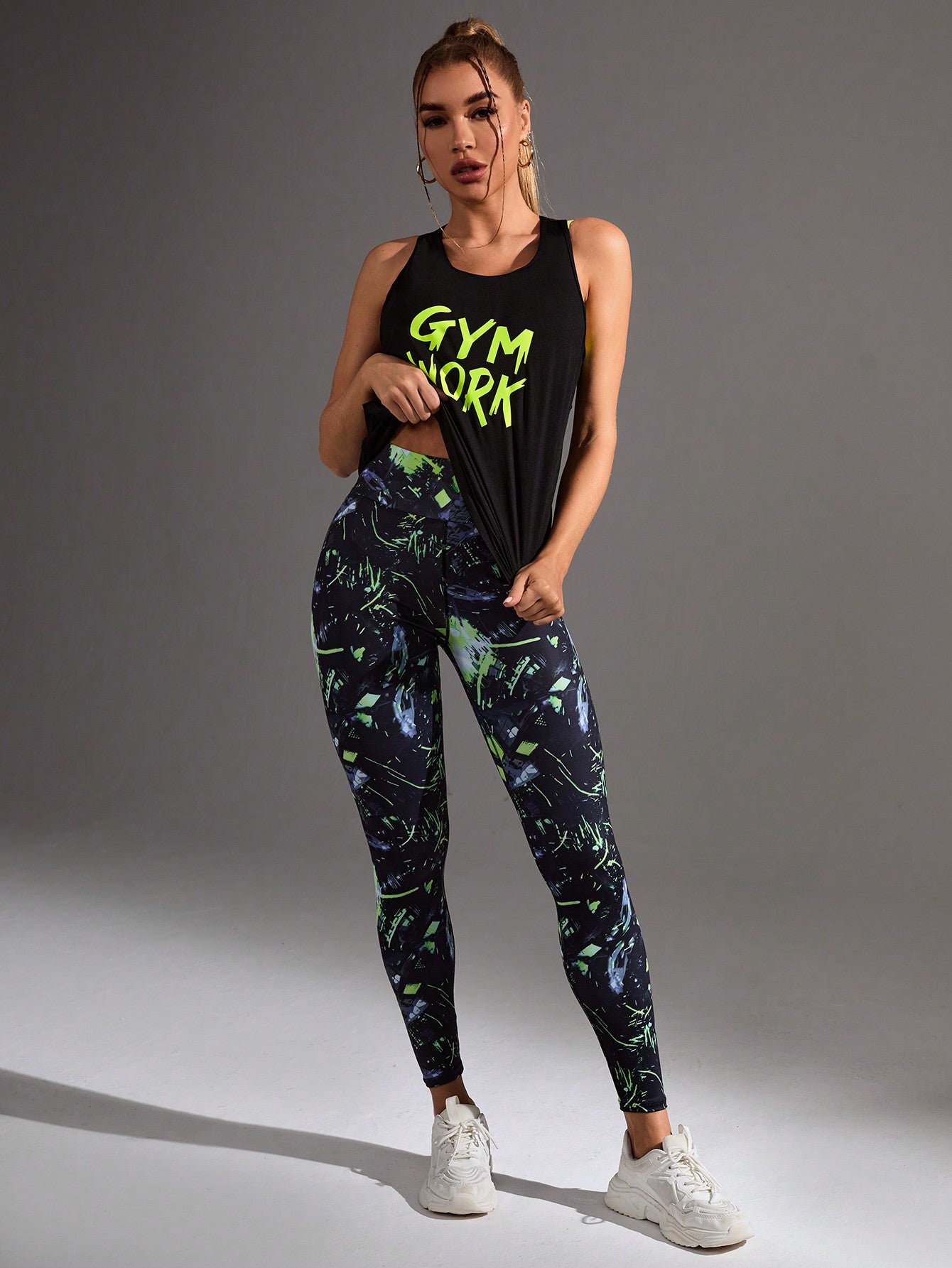 Women Yoga Fashionable Letter Printed Round Neck Vest And Long Pants Sports Set
