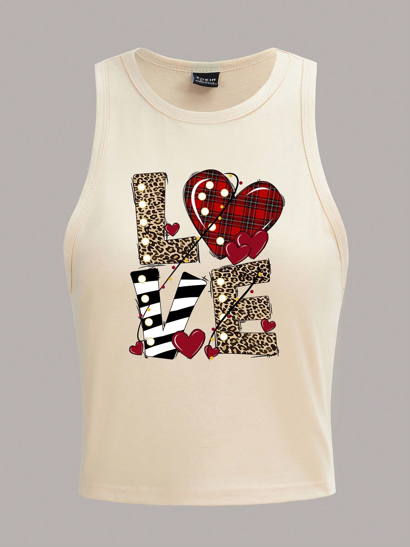 EZwear Pink Short Casual Leopard, Plaid, Striped Print Love Letter Pattern Round Neck Tank Top For Women, Summer