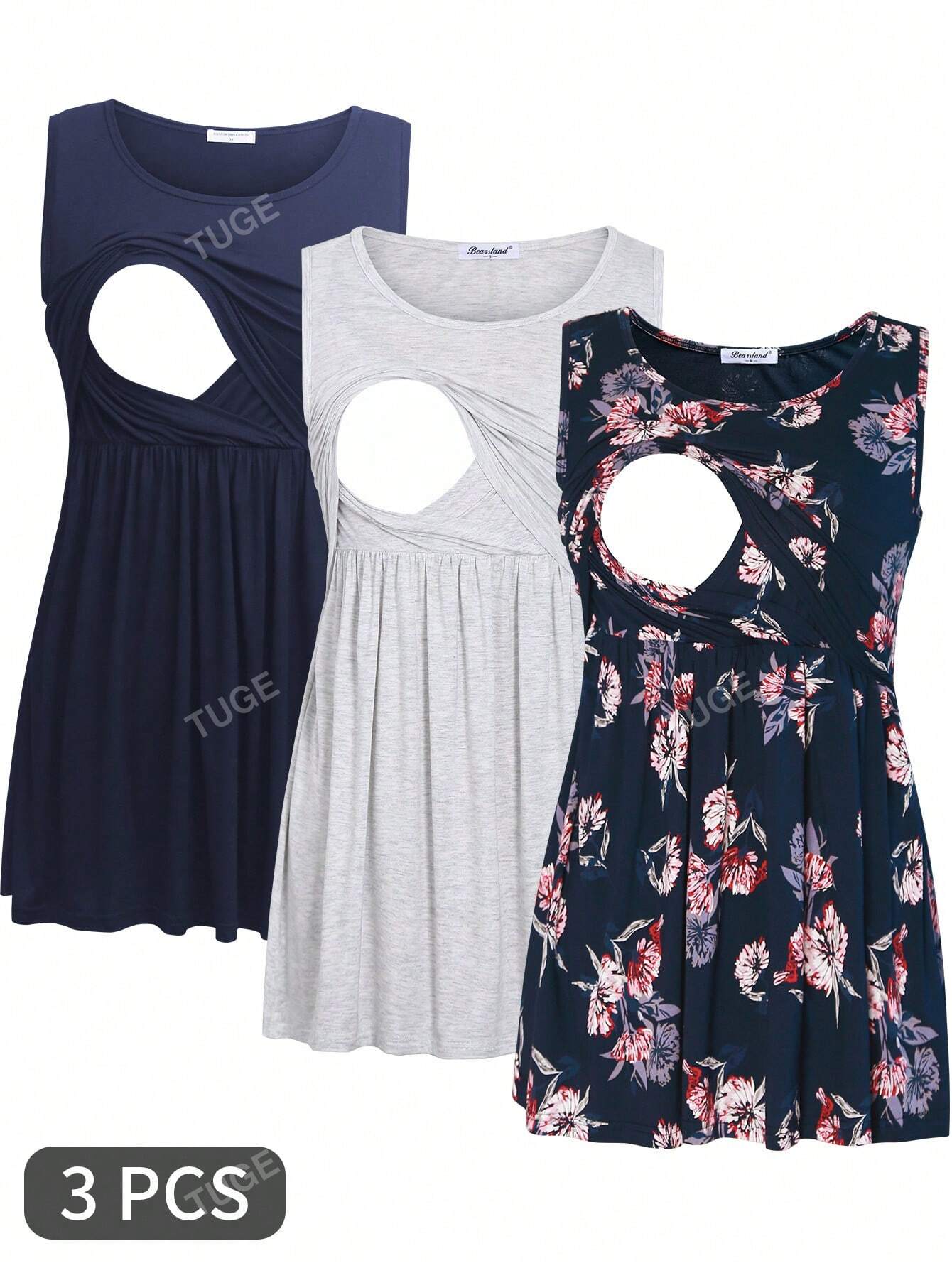 Round Neck Hollow Out Pleated Sleeveless Nursing Top For Maternity