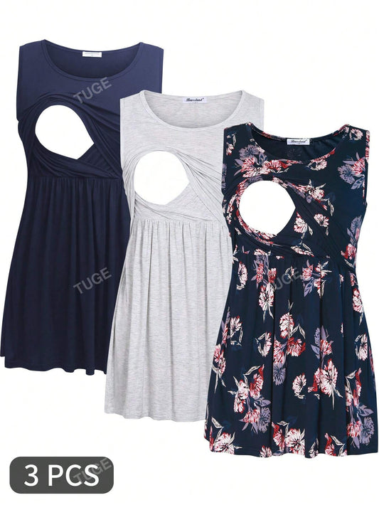 Round Neck Hollow Out Pleated Sleeveless Nursing Top For Maternity