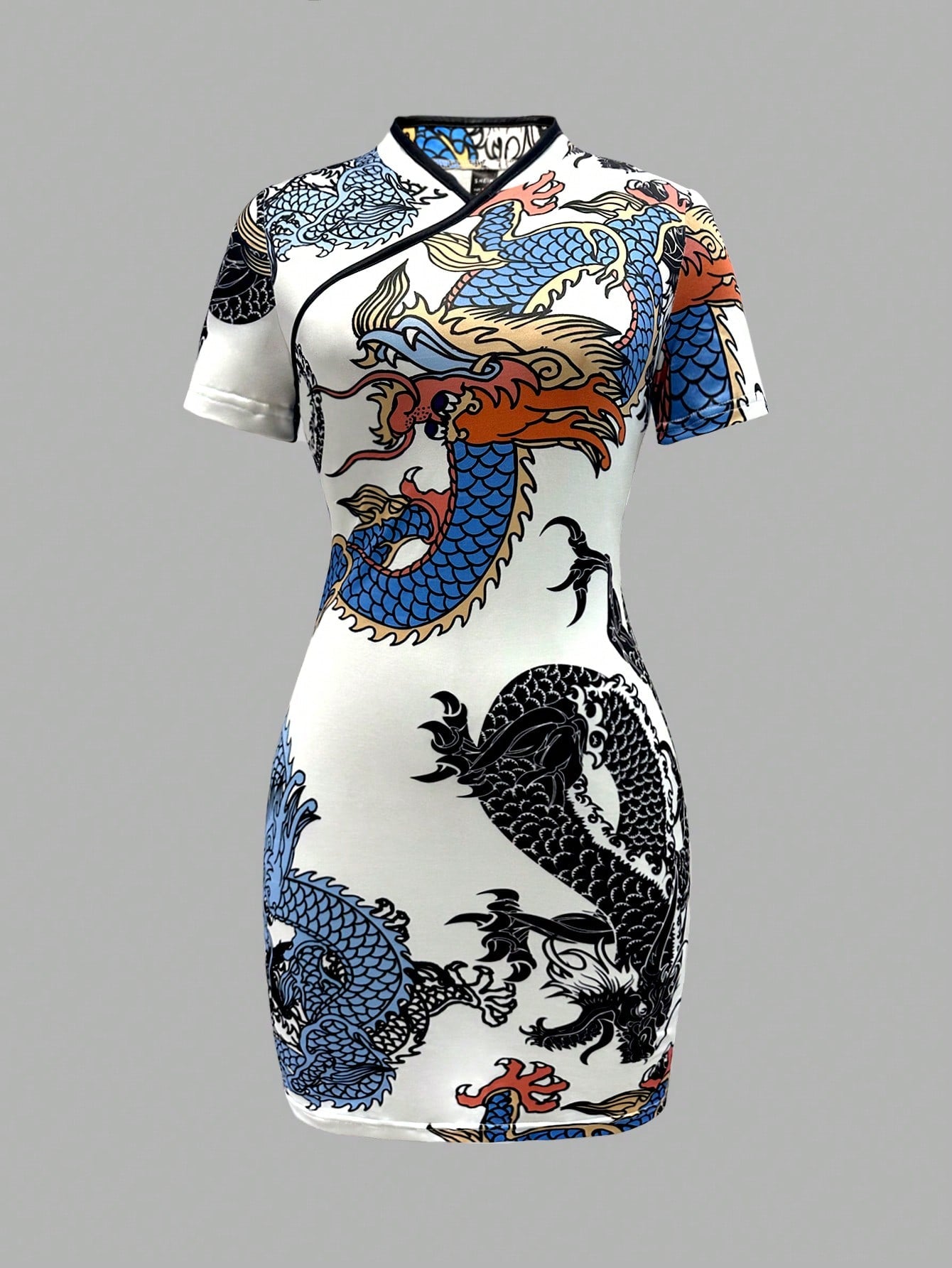 Unity Chinese Dragon Print Random Cut Women Summer Stand Collar Short Sleeve Elegant Dress
