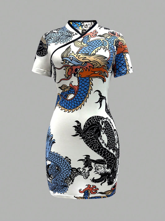 Unity Chinese Dragon Print Random Cut Women Summer Stand Collar Short Sleeve Elegant Dress
