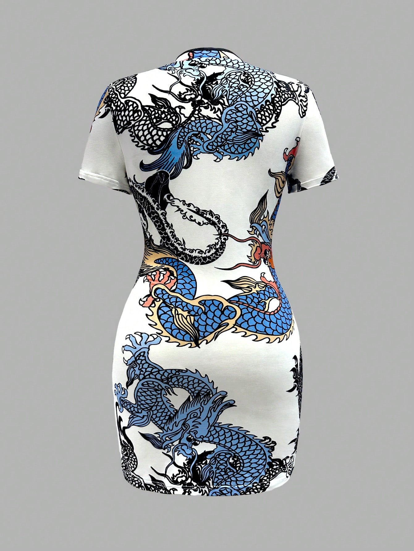 Unity Chinese Dragon Print Random Cut Women Summer Stand Collar Short Sleeve Elegant Dress