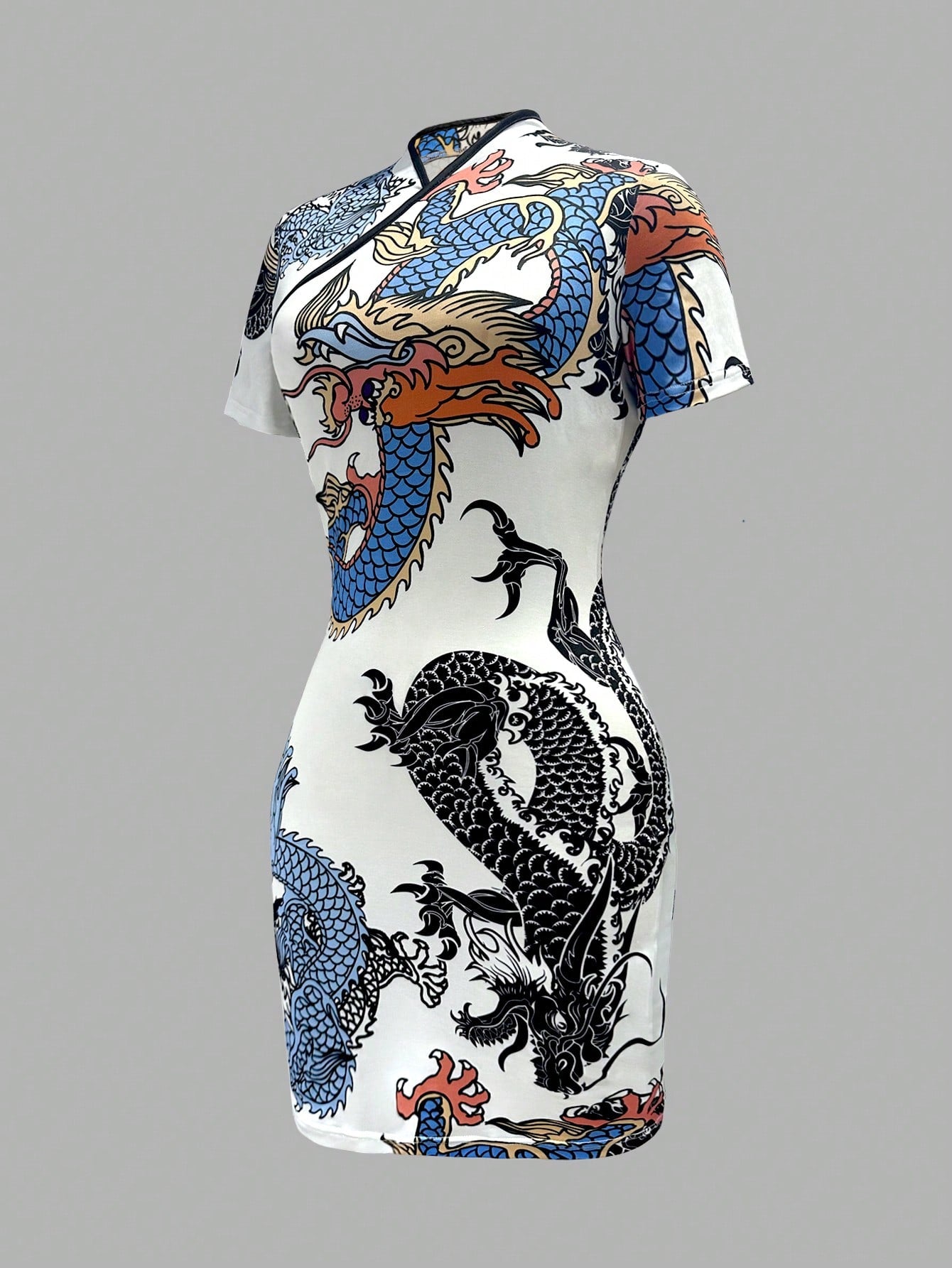 Unity Chinese Dragon Print Random Cut Women Summer Stand Collar Short Sleeve Elegant Dress