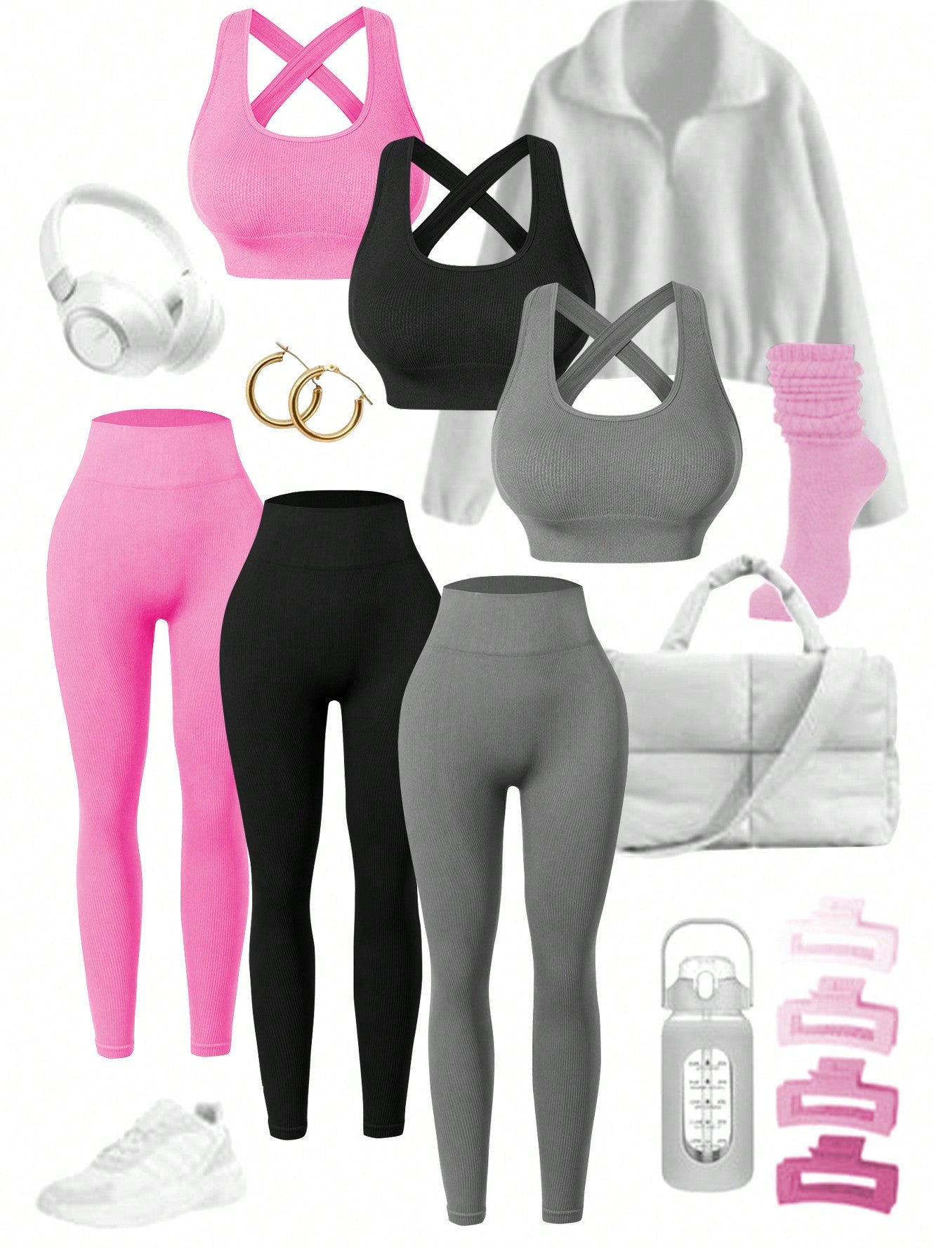 Sport Studio Women's Solid Color Ribbed & Slim Fit Yoga Sportswear Set