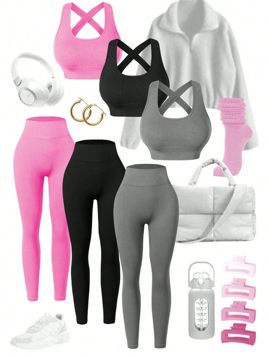 Sport Studio Women's Solid Color Ribbed & Slim Fit Yoga Sportswear Set