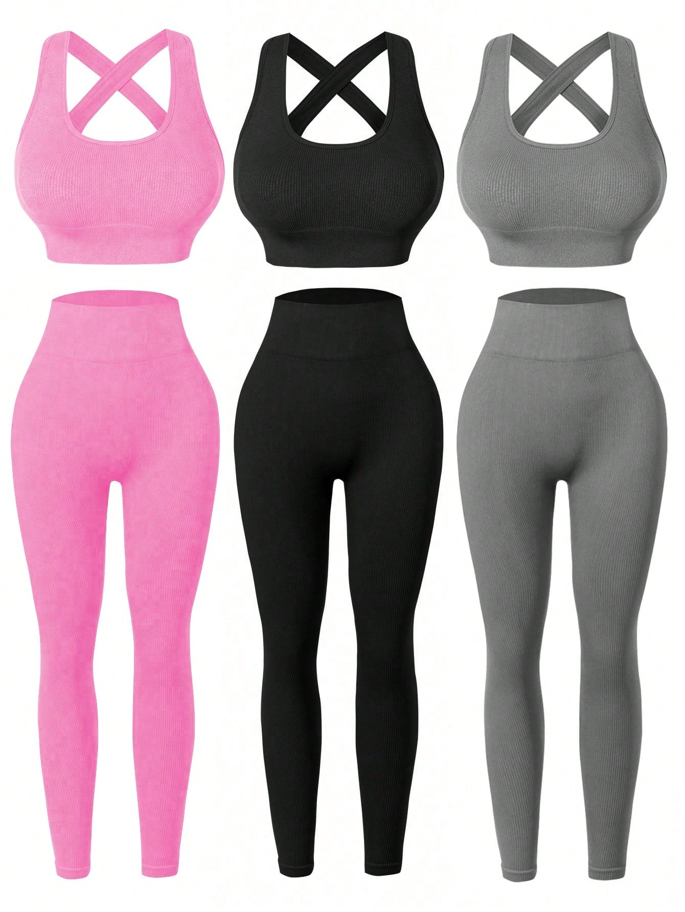 Sport Studio Women's Solid Color Ribbed & Slim Fit Yoga Sportswear Set