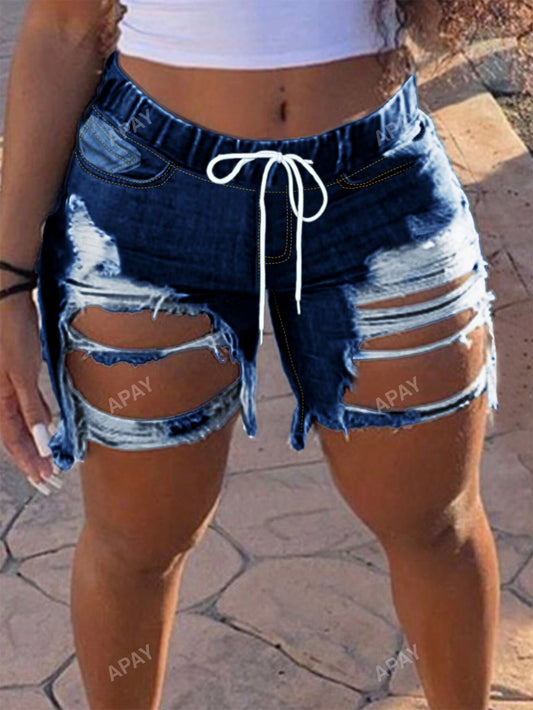 Ripped Elastic Waistband Denim Shorts