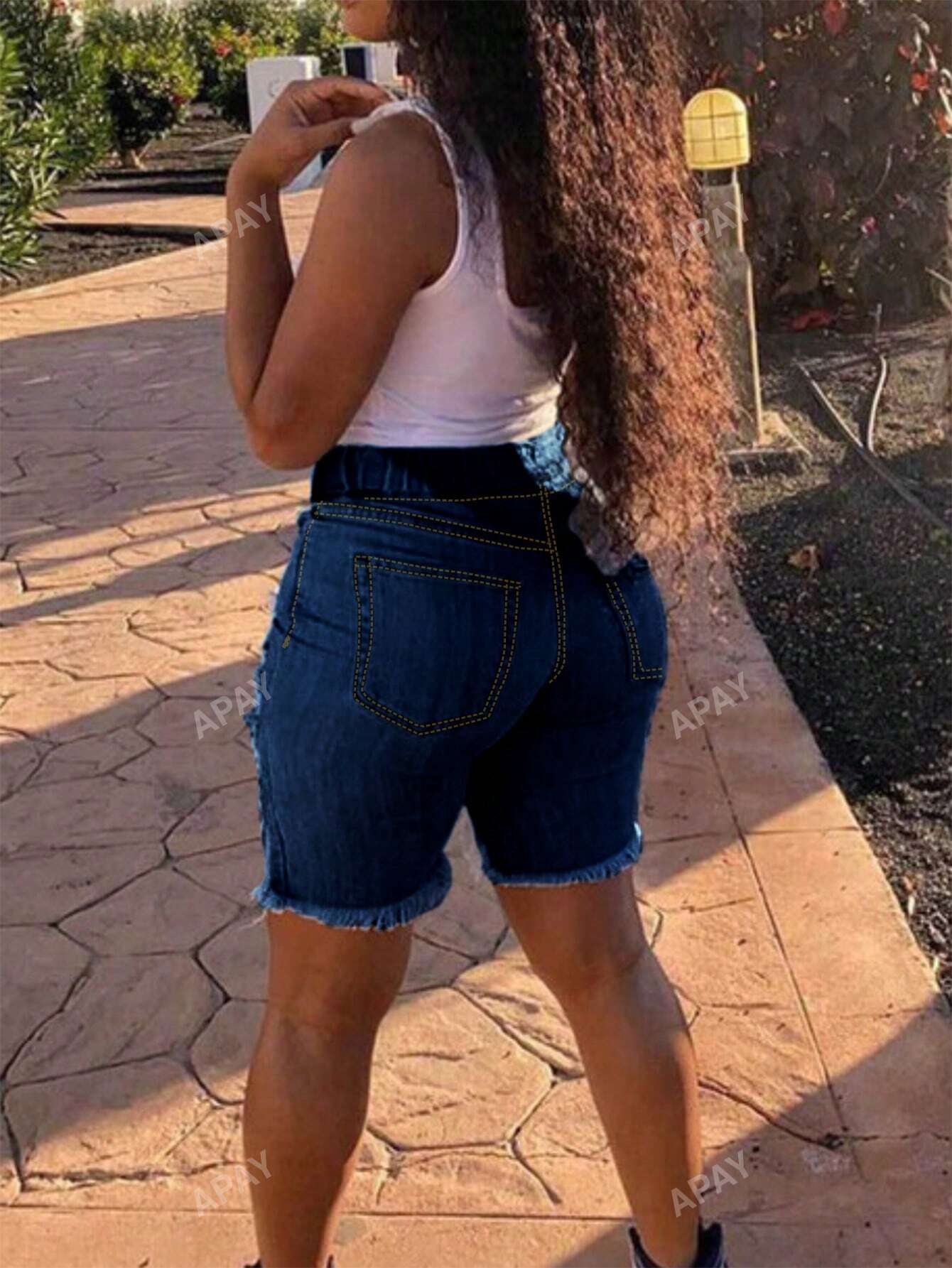 Ripped Elastic Waistband Denim Shorts