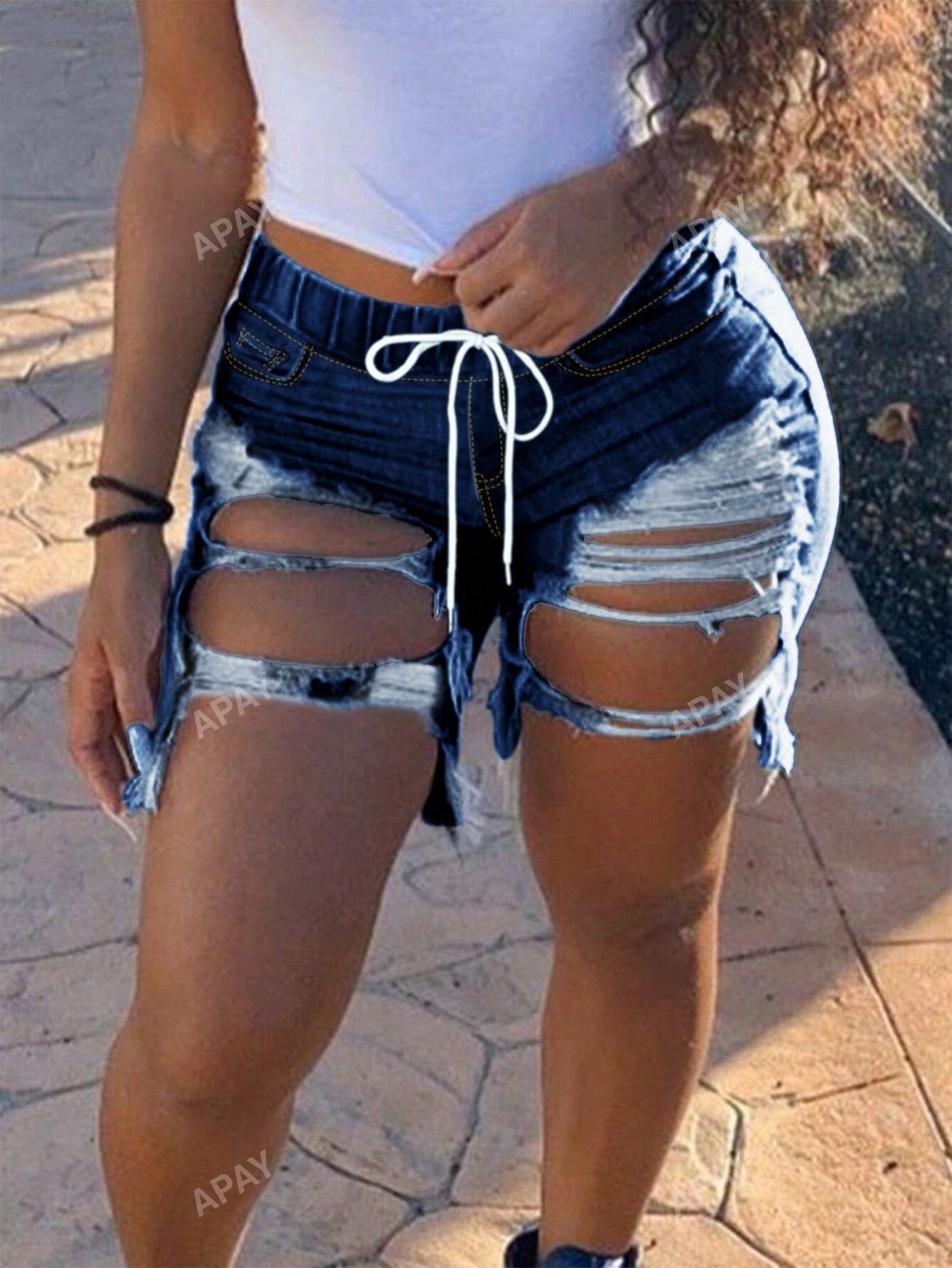 Ripped Elastic Waistband Denim Shorts