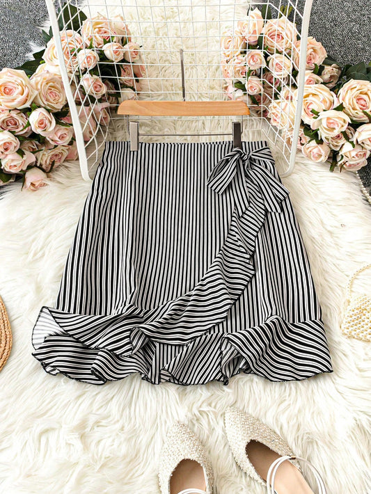 LUNE Plus Size Spring & Summer Casual Color-Block Striped Tie Waist Ruffled Wrap Skirt Ruffle Shorts