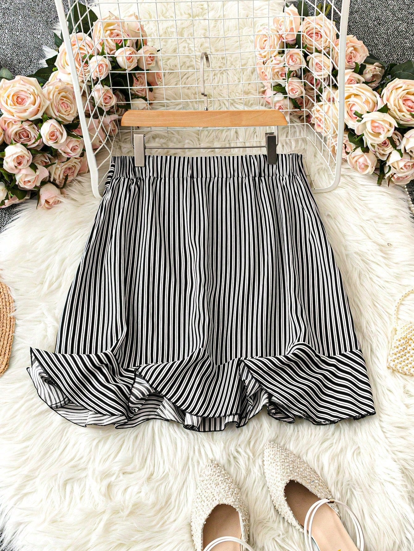 LUNE Plus Size Spring & Summer Casual Color-Block Striped Tie Waist Ruffled Wrap Skirt Ruffle Shorts