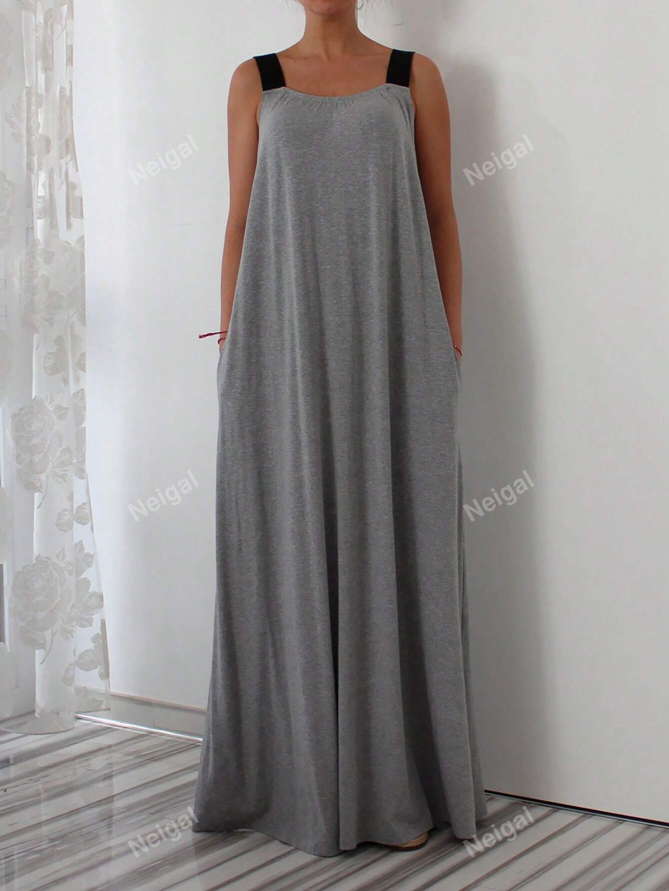 Plus Size Color Block Shoulder Strap Hidden Pocket Design Loose Casual Summer Dress