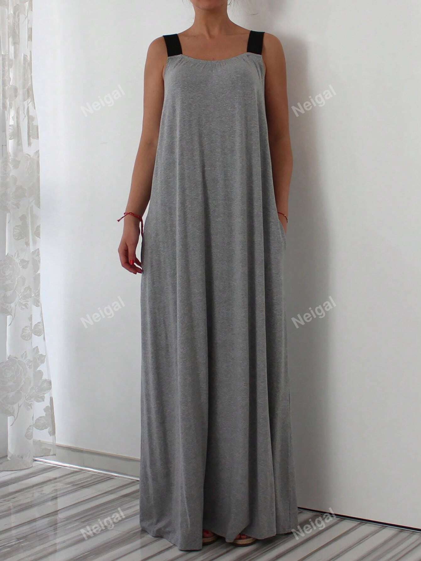 Plus Size Color Block Shoulder Strap Hidden Pocket Design Loose Casual Summer Dress