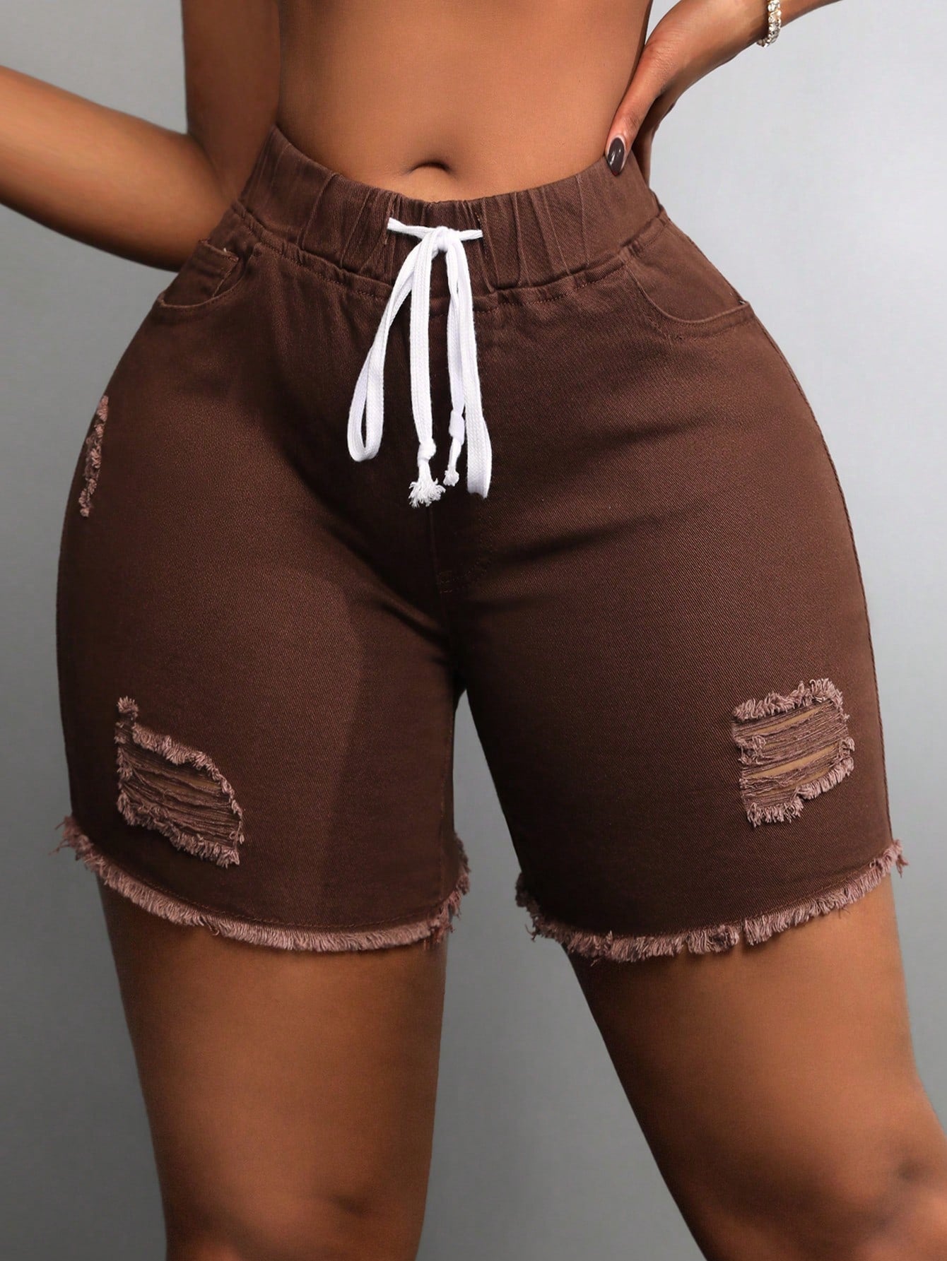 SXY Women Drawstring Waist Ripped Denim Shorts With Frayed Hem - Slim Fit