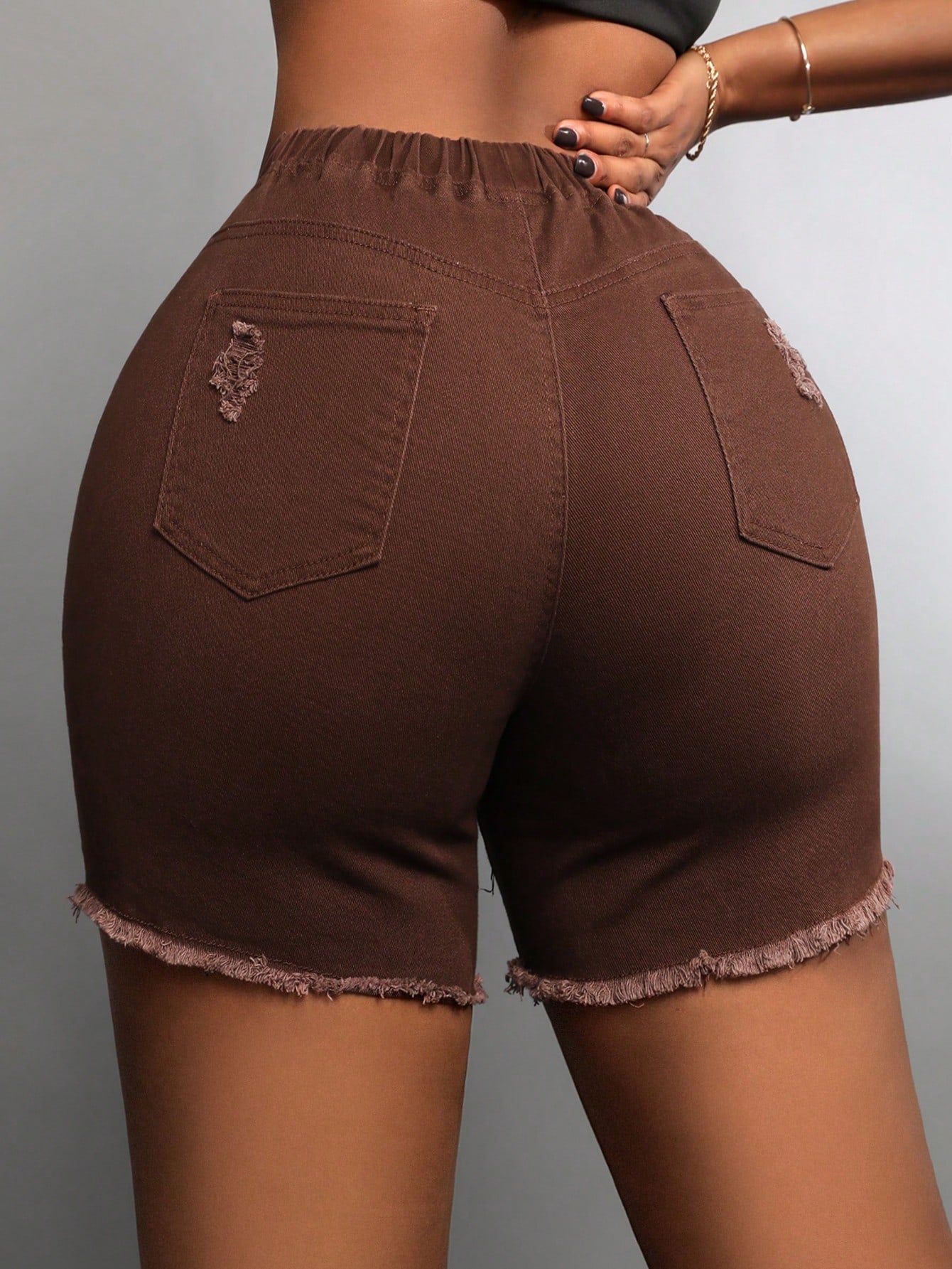 SXY Women Drawstring Waist Ripped Denim Shorts With Frayed Hem - Slim Fit