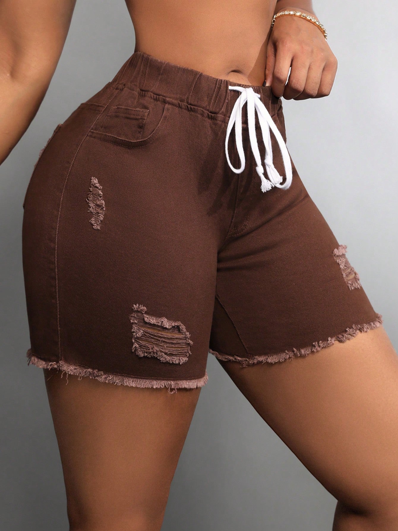 SXY Women Drawstring Waist Ripped Denim Shorts With Frayed Hem - Slim Fit
