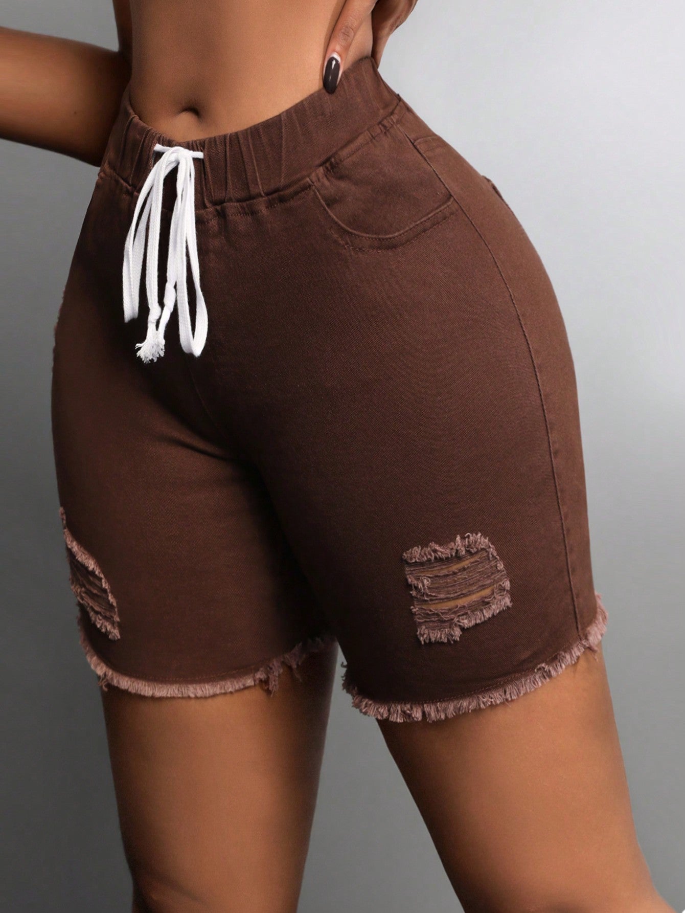 SXY Women Drawstring Waist Ripped Denim Shorts With Frayed Hem - Slim Fit