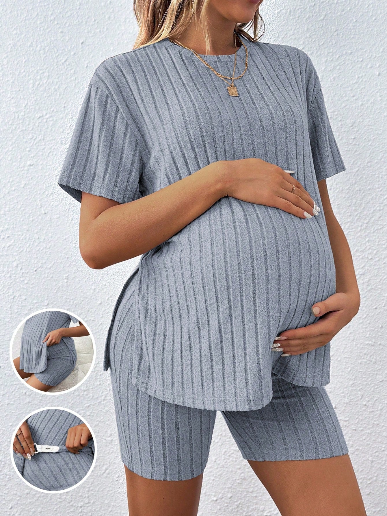 Women's Casual Loose Round Neck T-Shirt With Adjustable Elastic Waist Shorts, Maternity 2pcs Set