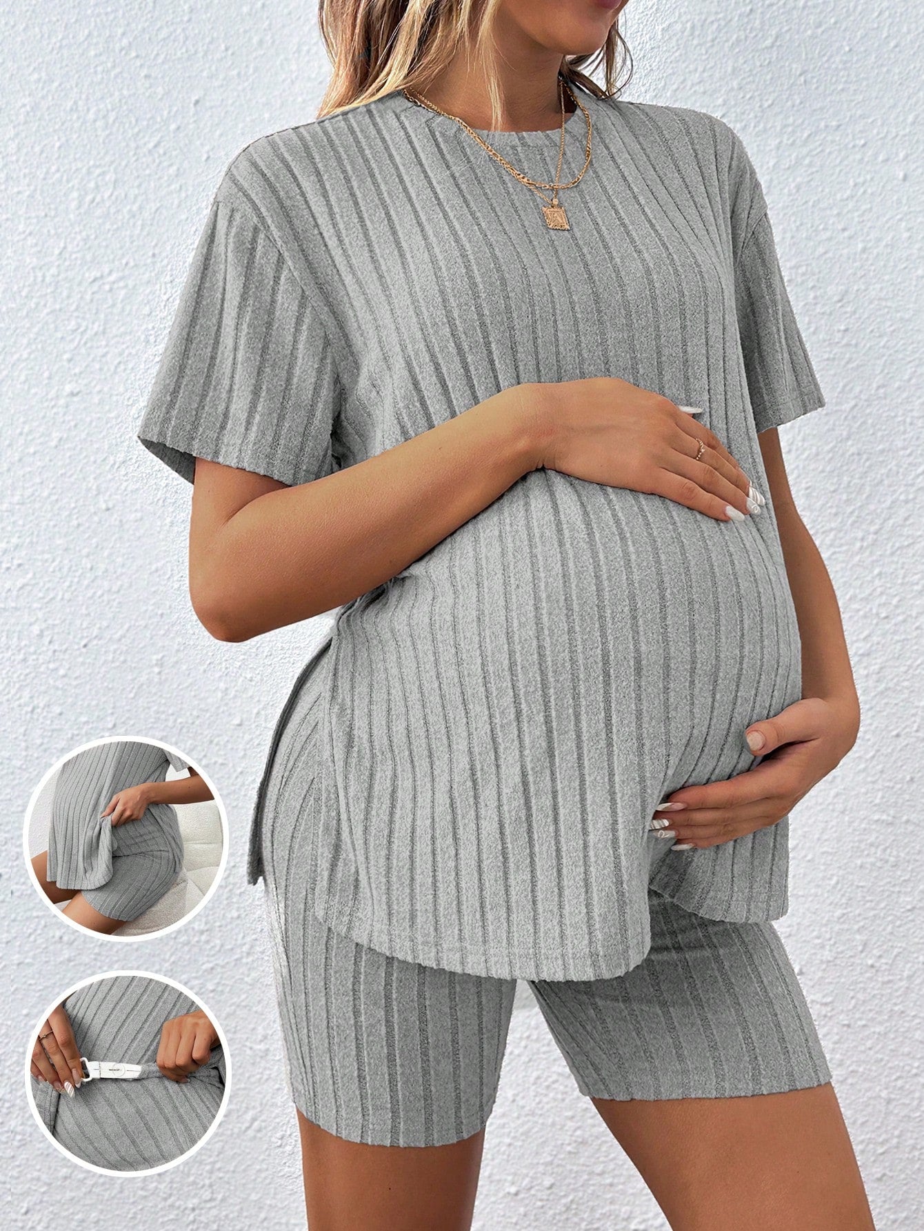 Women's Casual Loose Round Neck T-Shirt With Adjustable Elastic Waist Shorts, Maternity 2pcs Set
