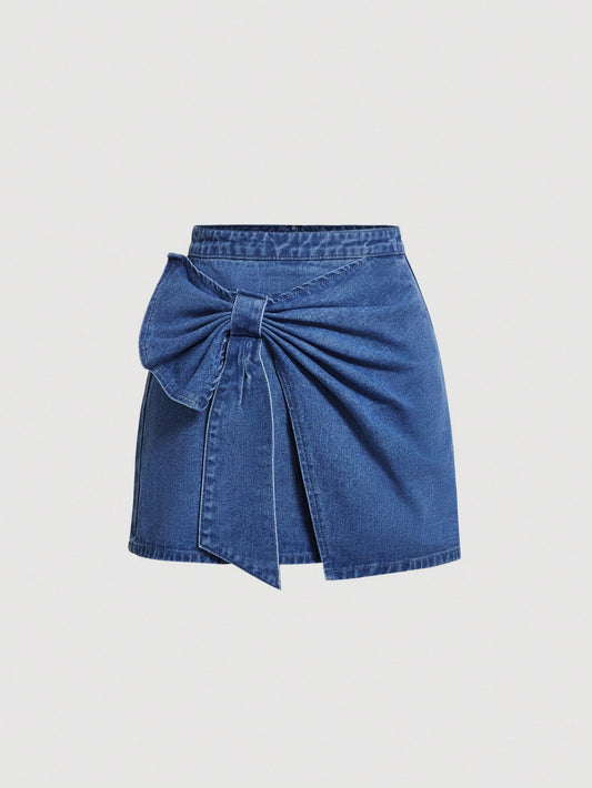 MOD High Waisted Blue Denim Mini Skirt With Bowknot For Women