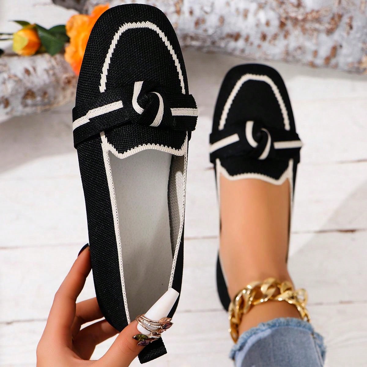 New Fashion Women Flat Loafers, Breathable Fabric Slip-On Shoes For Women, Square Toe Flat Shoes, All Season