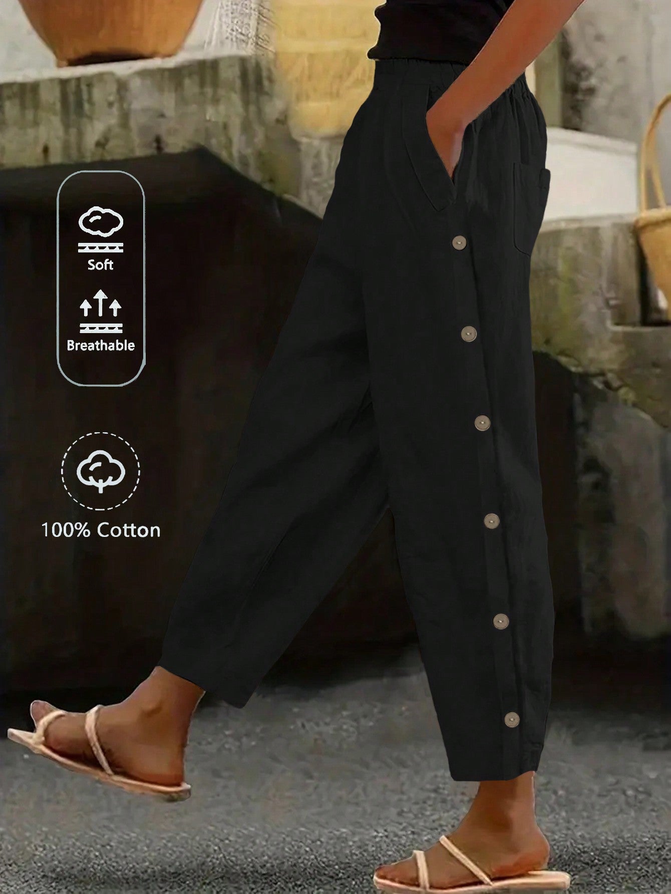 EMERY ROSE Women Casual Daily Wear Side Button Straight Pants