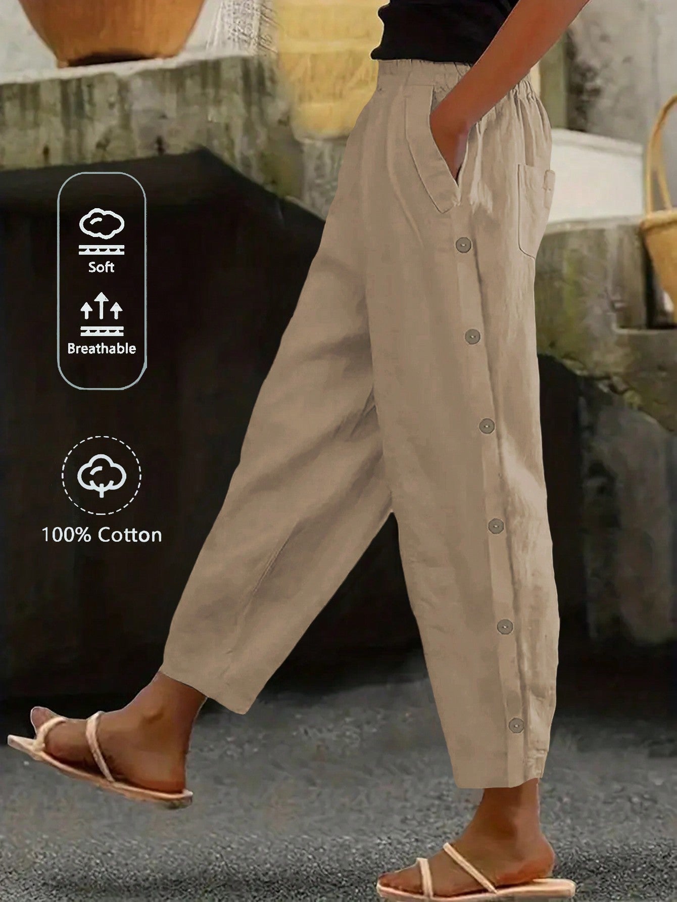 EMERY ROSE Women Casual Daily Wear Side Button Straight Pants